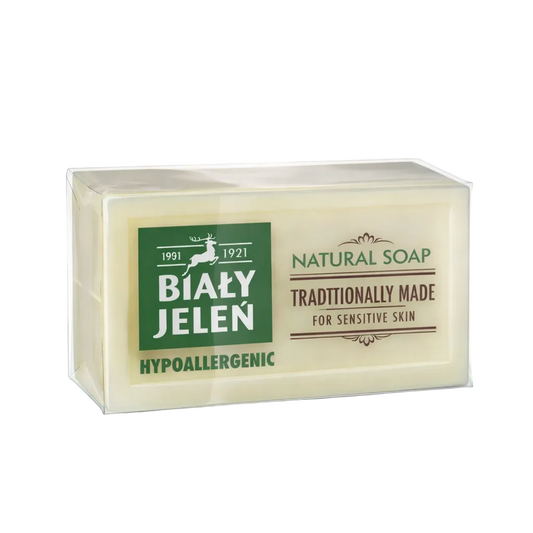 Bar of soap with Biaóy Jelen packaging on a white background