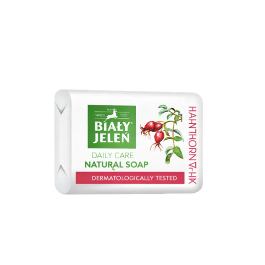 Biańy Jelen natural soap bar with hawthorn on a light gray background