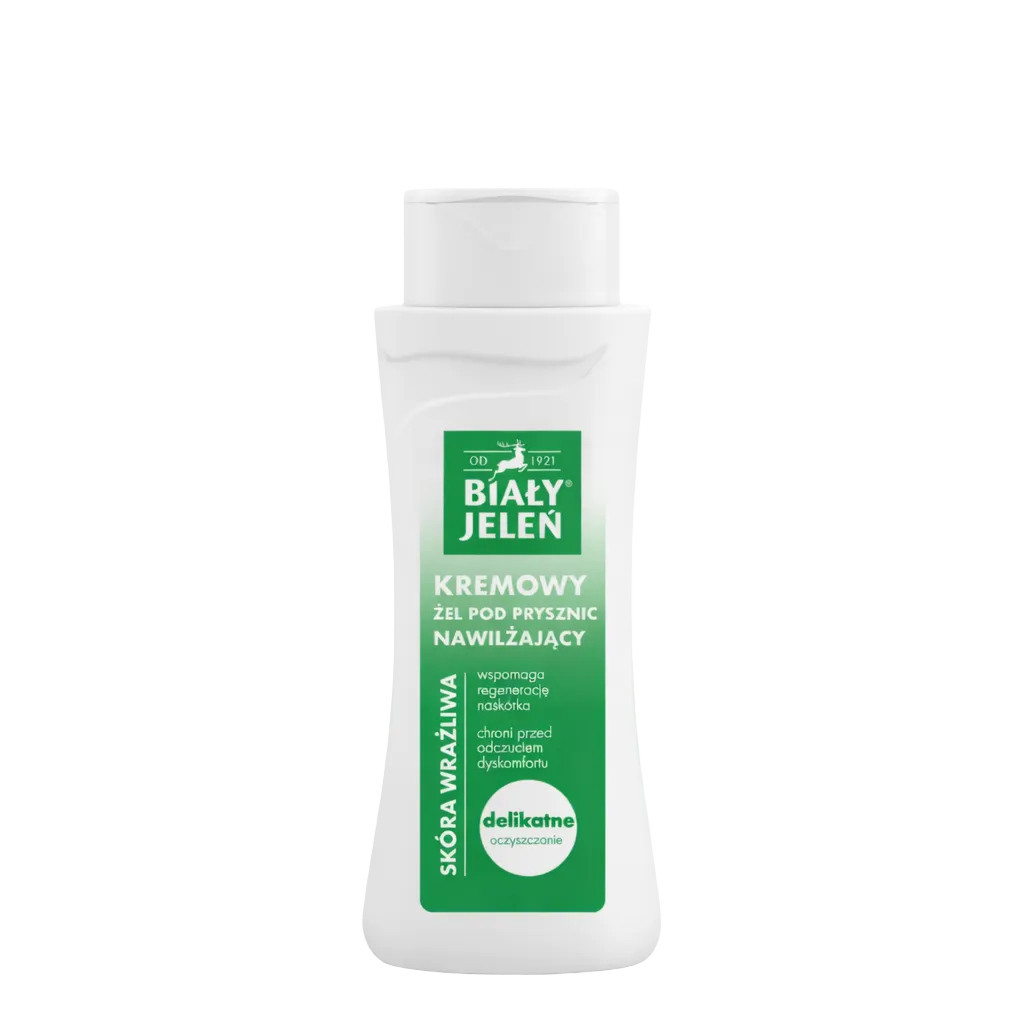 Bottle of Bialy Jelen cream shower gel on a light green background