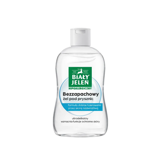 Bottle of Bialy Jelen shower gel on a white background