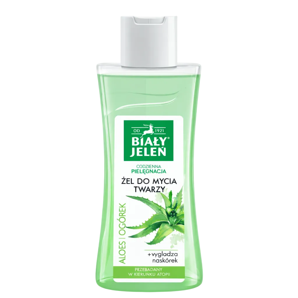 Bottle of Biaáż Jeleñ face wash with aloe vera on a light gray background