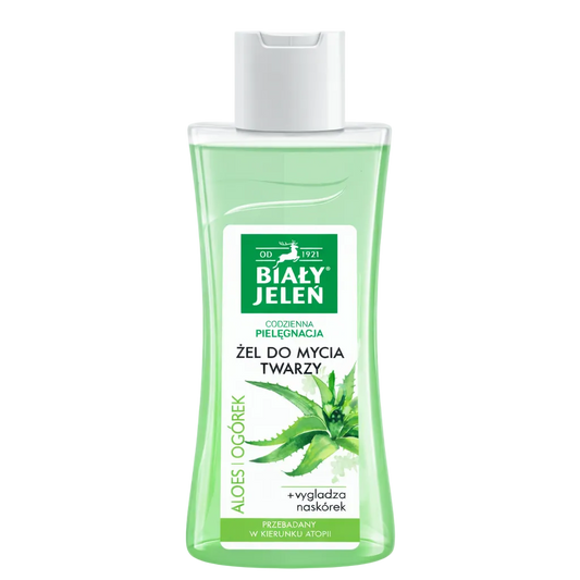 Bottle of Biaáż Jeleñ face wash with aloe vera on a light gray background