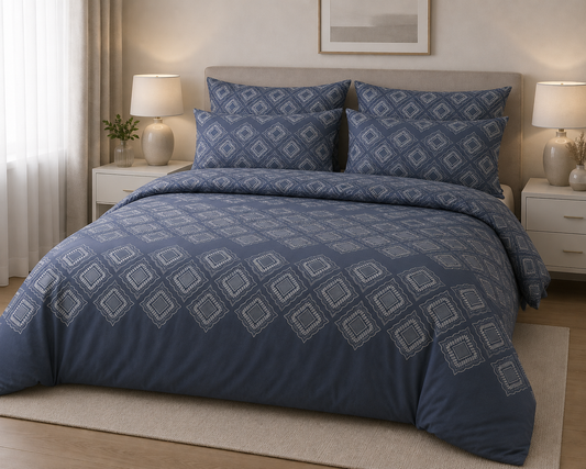 Cotton Family Comfort Duvet Cover + 4 Pillowcase (Dora – Dark Blue)