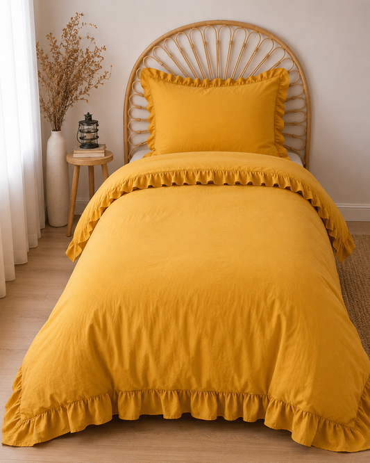 Cotton Family Comfort Duvet Cover + 1 Pillowcase (yellow ruffle)