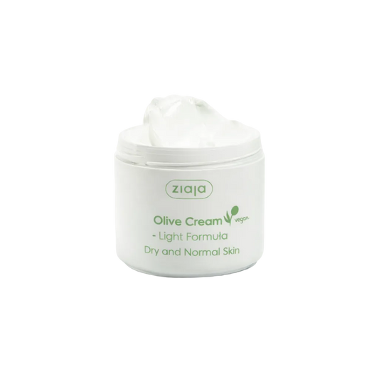 Open jar of Ziaja Olive vegan light face cream for dry and normal skin