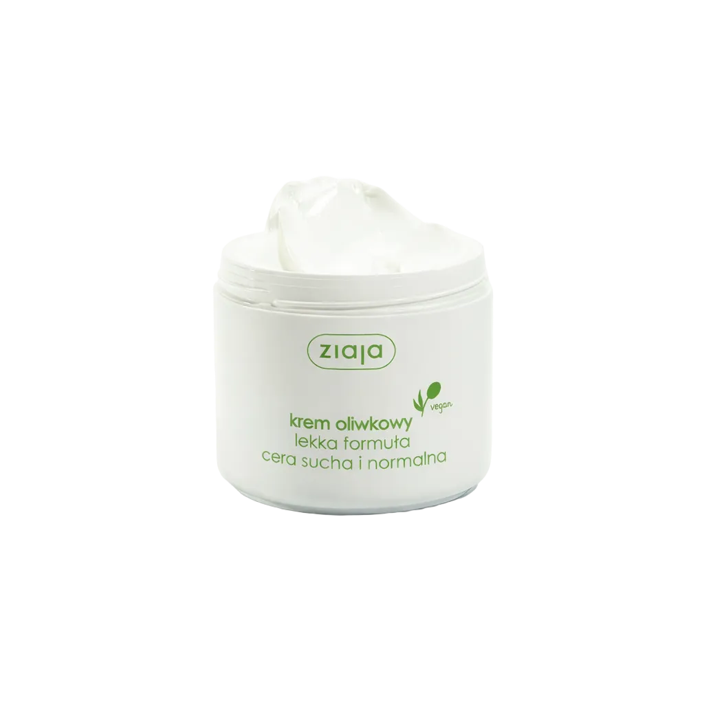 Open jar of Ziaja Olive vegan light face cream for dry and normal skin