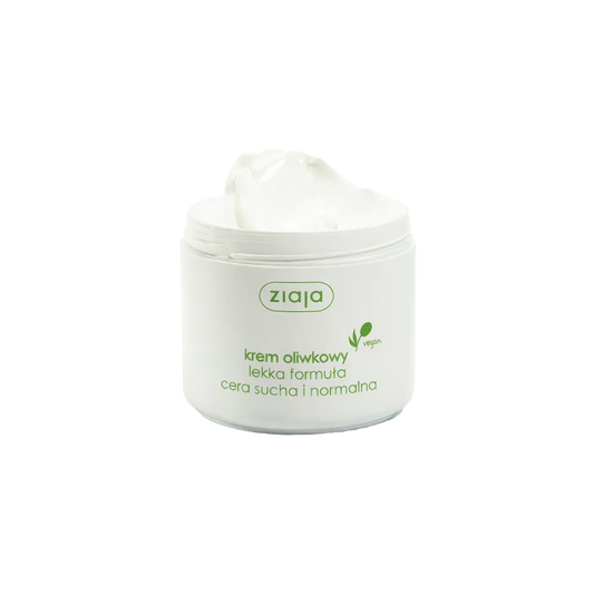 Open jar of Ziaja Olive vegan light face cream for dry and normal skin
