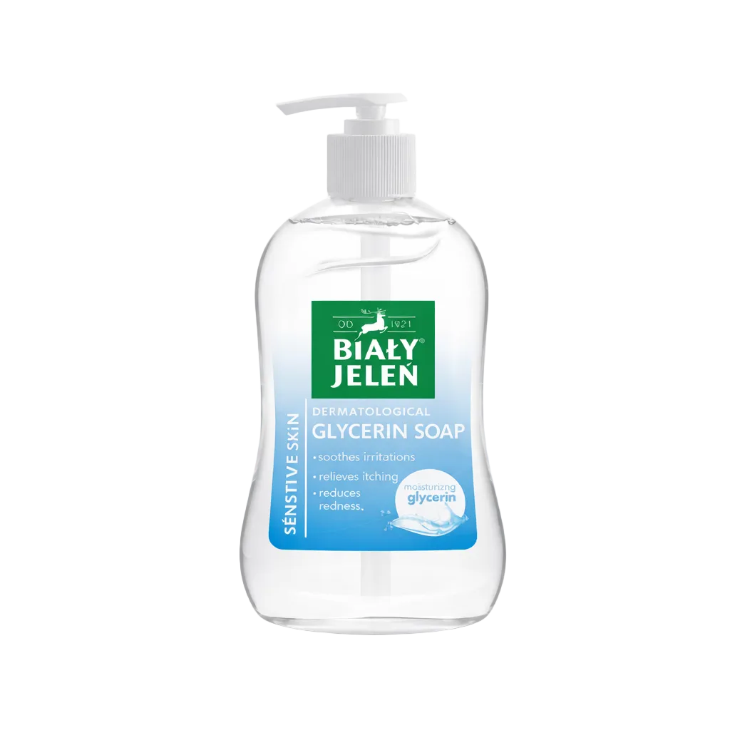 Biaów Jelen glycerin soap bottle on a light blue gradient background