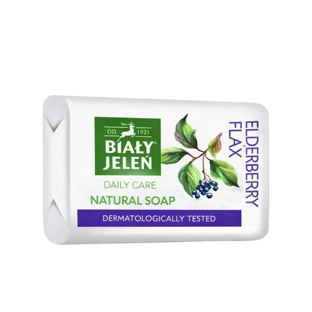 Bar of soap with Biaáűy Jelen branding on a light purple background