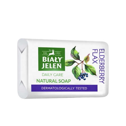 Bar of soap with Biaáűy Jelen branding on a light purple background