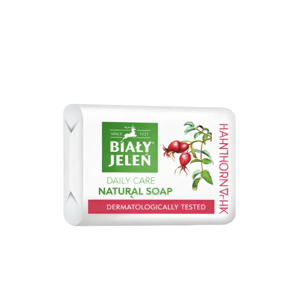 Biańy Jelen natural soap bar with hawthorn on a light gray background