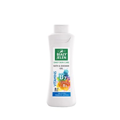 Biały Jelen bath and shower gel bottle on a light blue background