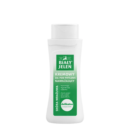 Bottle of Bialy Jelen cream shower gel on a light green background