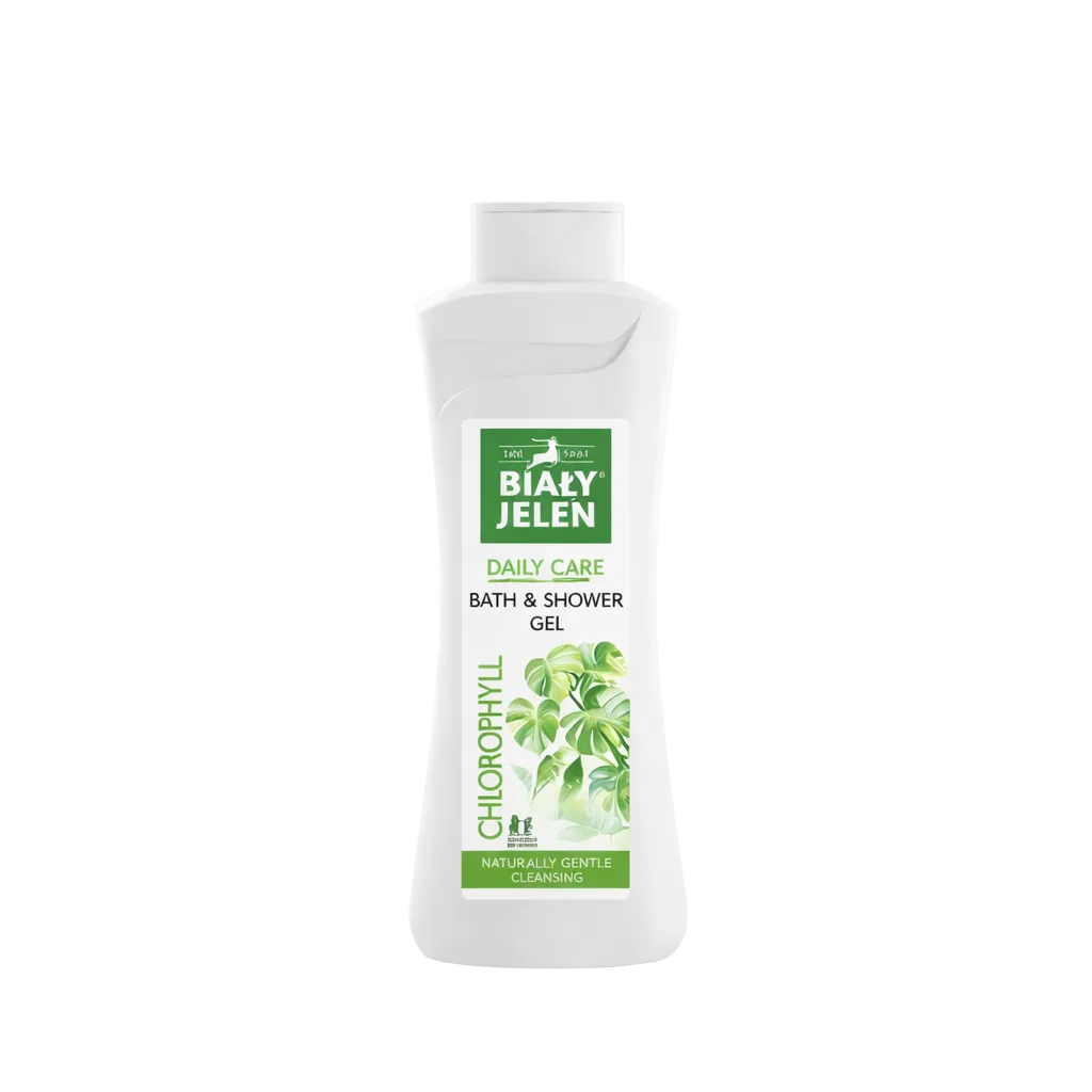 Biały Jelen Chlorophyl bath and shower gel bottle on a light green background