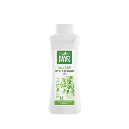 Biały Jelen Chlorophyl bath and shower gel bottle on a light green background