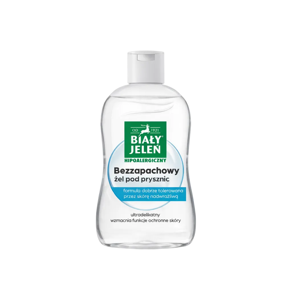 Bottle of Bialy Jelen shower gel on a white background