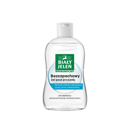 Bottle of Bialy Jelen shower gel on a white background