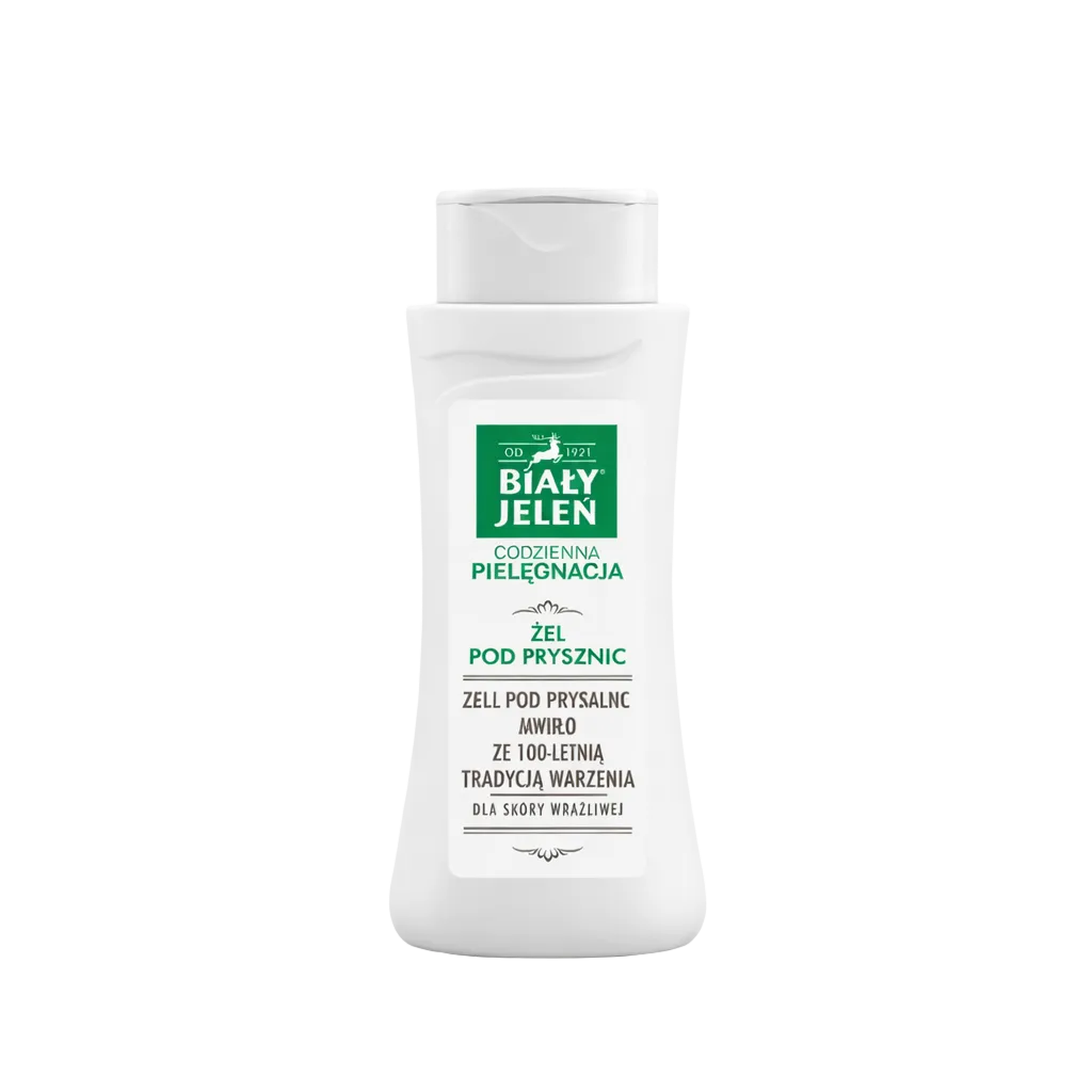 White bottle of Biaáń Jelen shower gel on a white background