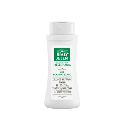 White bottle of Biaáń Jelen shower gel on a white background