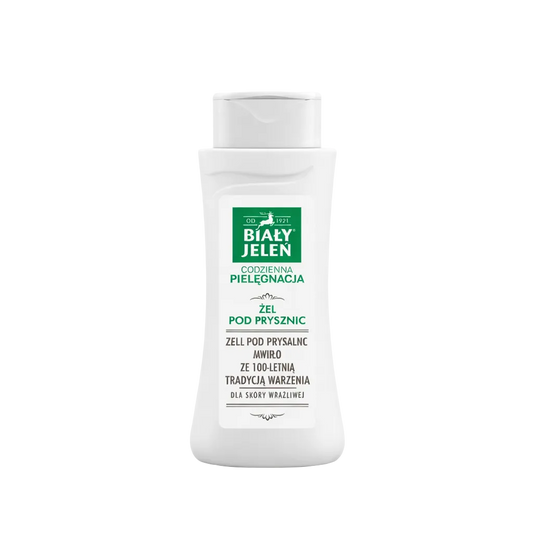 White bottle of Biaáń Jelen shower gel on a white background