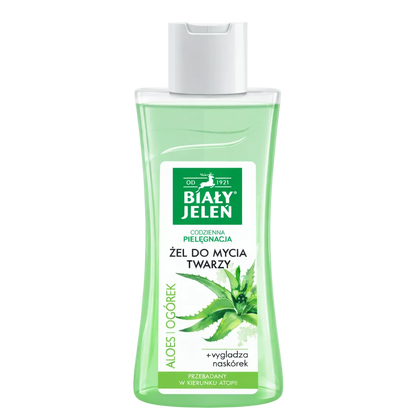 Bottle of Biaáż Jeleñ face wash with aloe vera on a light gray background