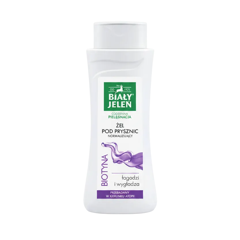 White bottle of Bialy Jelen shower gel on a light gray background