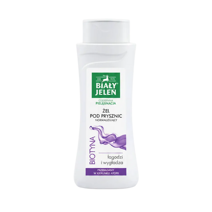 White bottle of Bialy Jelen shower gel on a light gray background