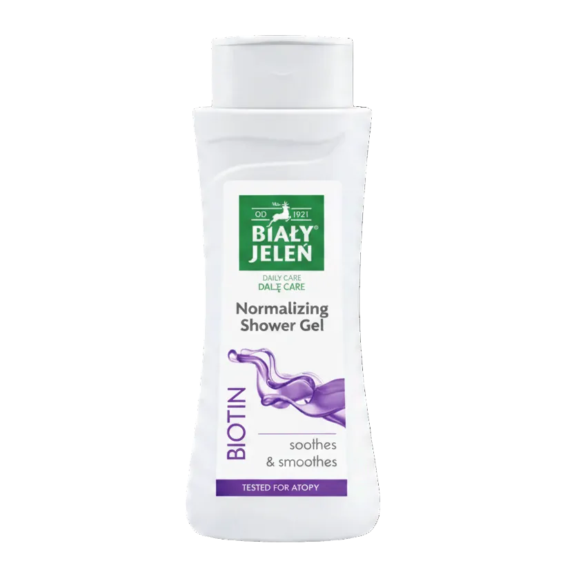 Biały Jelen Biotin normalizing shower gel bottle on a light gray background