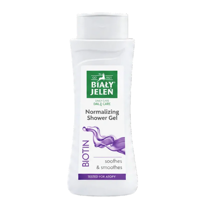 Biały Jelen Biotin normalizing shower gel bottle on a light gray background