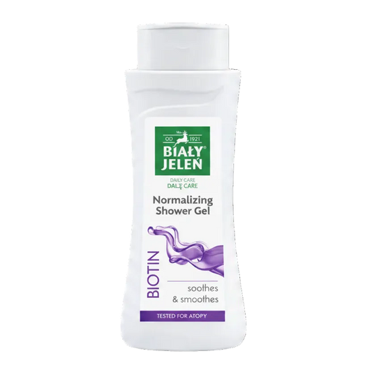 Biały Jelen Biotin normalizing shower gel bottle on a light gray background