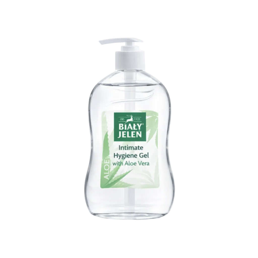 Bottle of Bialy Jelen Intimate Hygiene Gel with Aloe Vera on a white background