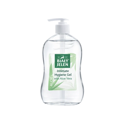 Bottle of Bialy Jelen Intimate Hygiene Gel with Aloe Vera on a white background