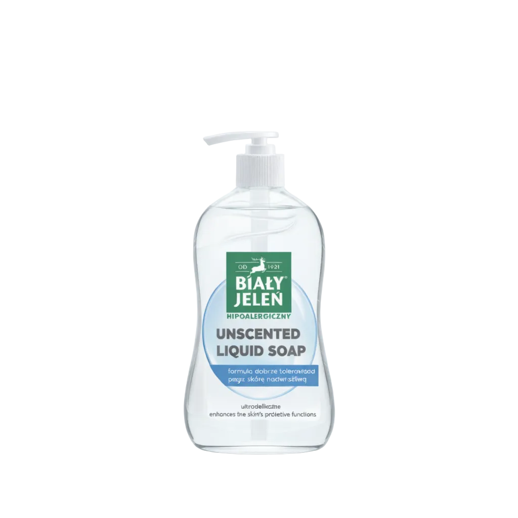 Bialy Jelen unscented liquid soap bottle on a light blue background