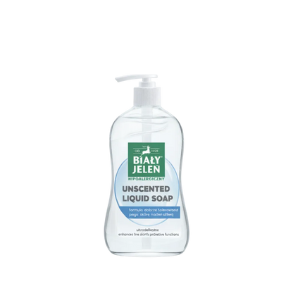 Bialy Jelen unscented liquid soap bottle on a light blue background