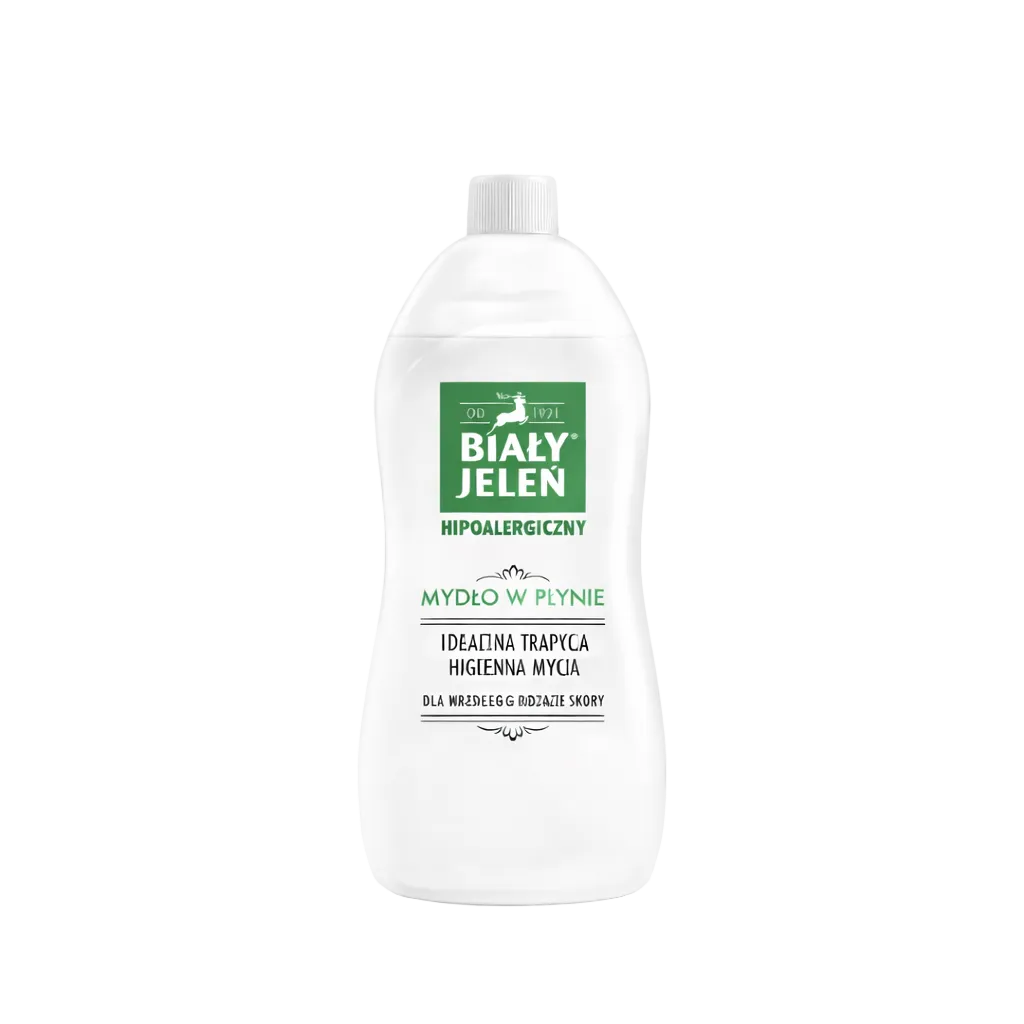 Bottle of soap with a green label on a light blue gradient background