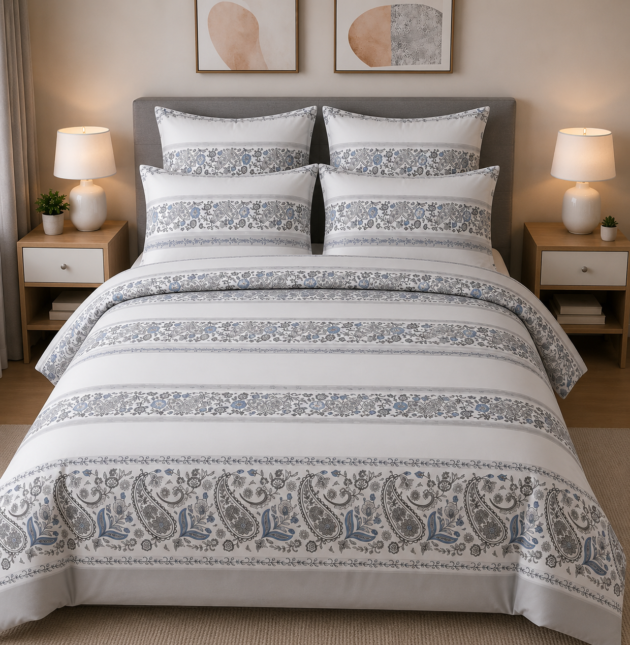 Cotton Family Comfort Duvet Cover + 4 Pillowcase (Paisley-Calm)