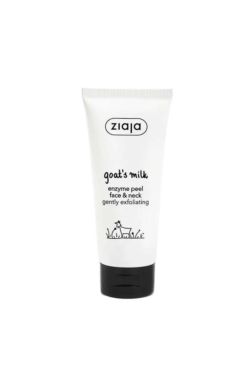 A white squeeze tube of ziqja Goat's Milk Enzyme Peel face and neck gently exfoliating cleanser with a black cap, set against a plain white background.
