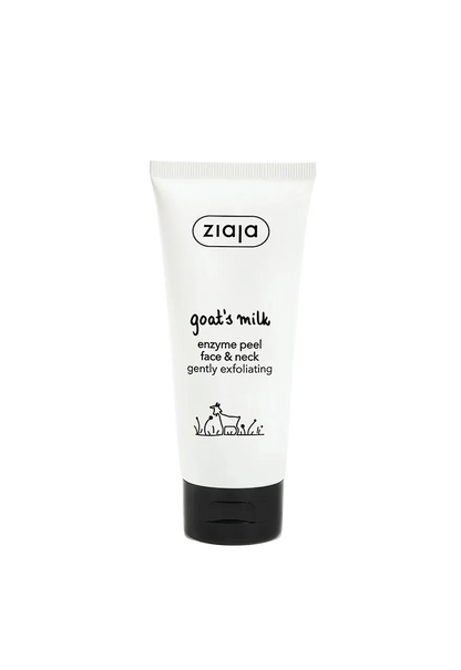 A white squeeze tube of ziqja Goat's Milk Enzyme Peel face and neck gently exfoliating cleanser with a black cap, set against a plain white background.