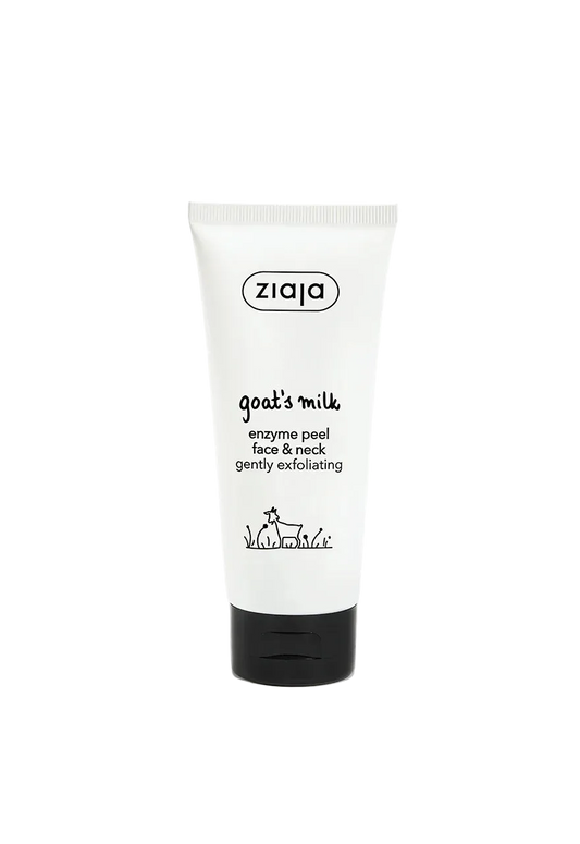 A white squeeze tube of ziqja Goat's Milk Enzyme Peel face and neck gently exfoliating cleanser with a black cap, set against a plain white background.