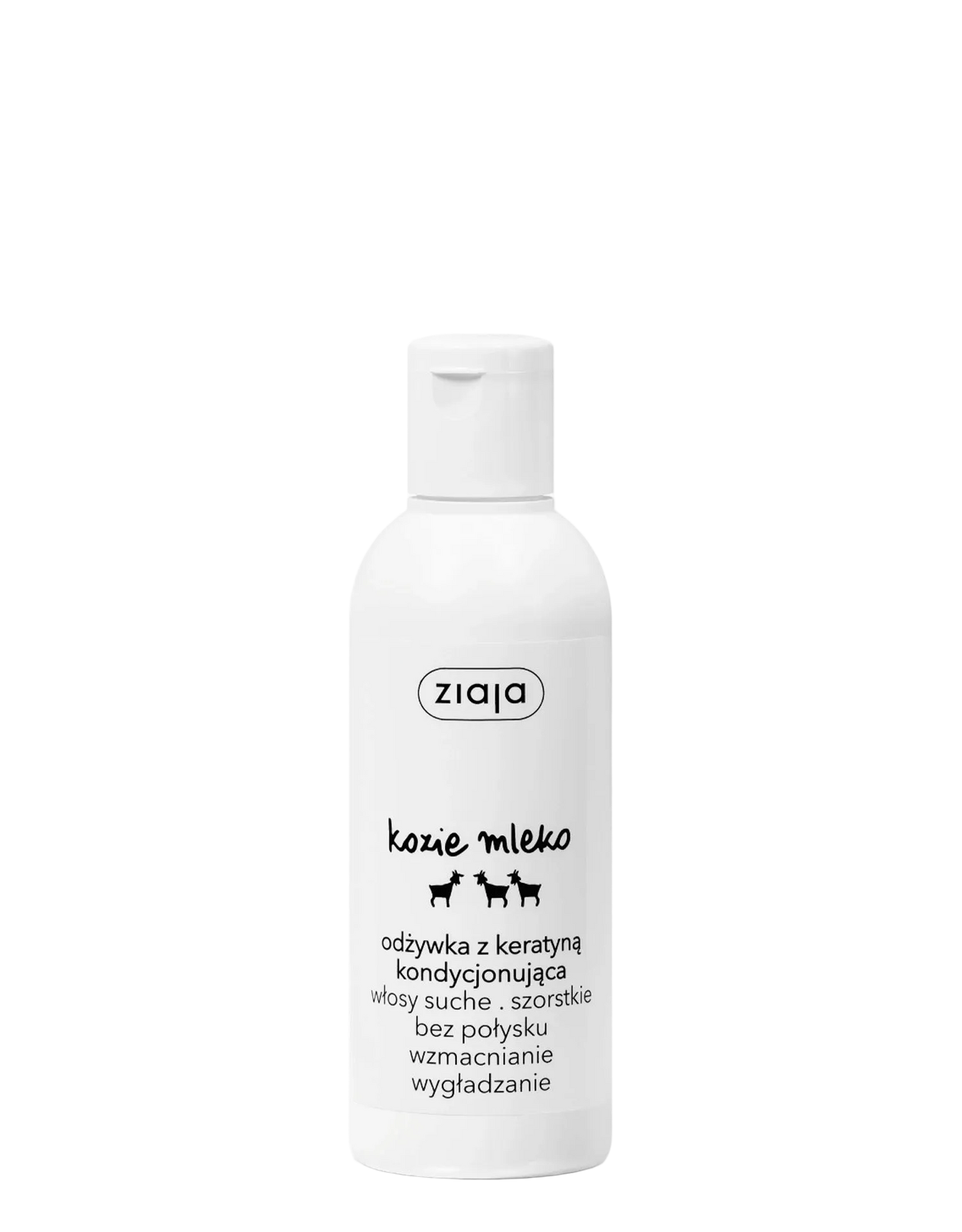 A white plastic bottle of ziaja kozie mleko dog hair conditioner with black text and small dog silhouettes, set against a plain white background.