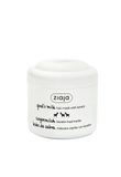 A white plastic jar of ziaja Goat's Milk hair mask with keratin, featuring black text and small cow illustrations on a clean white background.