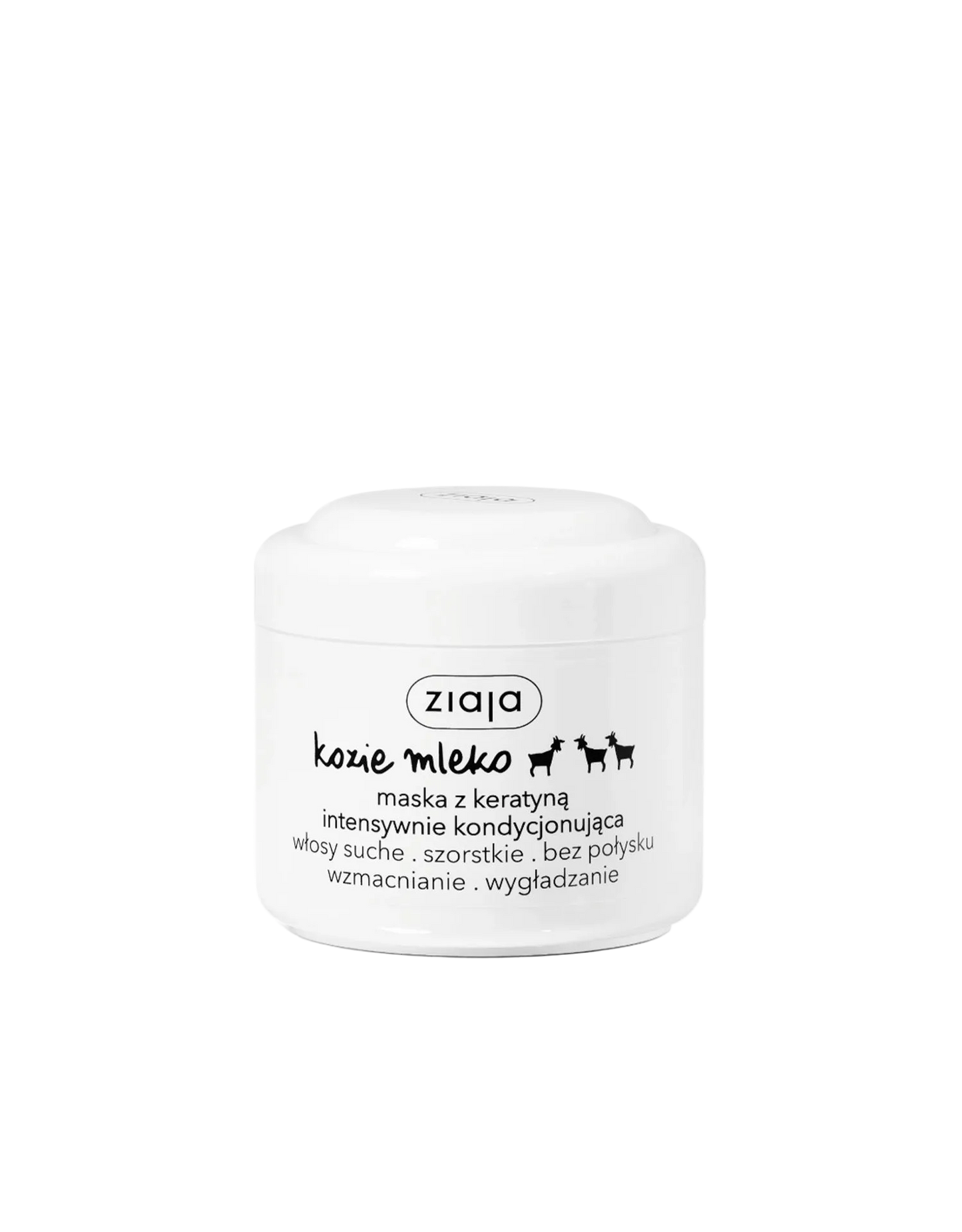 A white plastic jar of Zioja 'Coś mleko' dog hair mask with black text and logo, set against a plain white background.