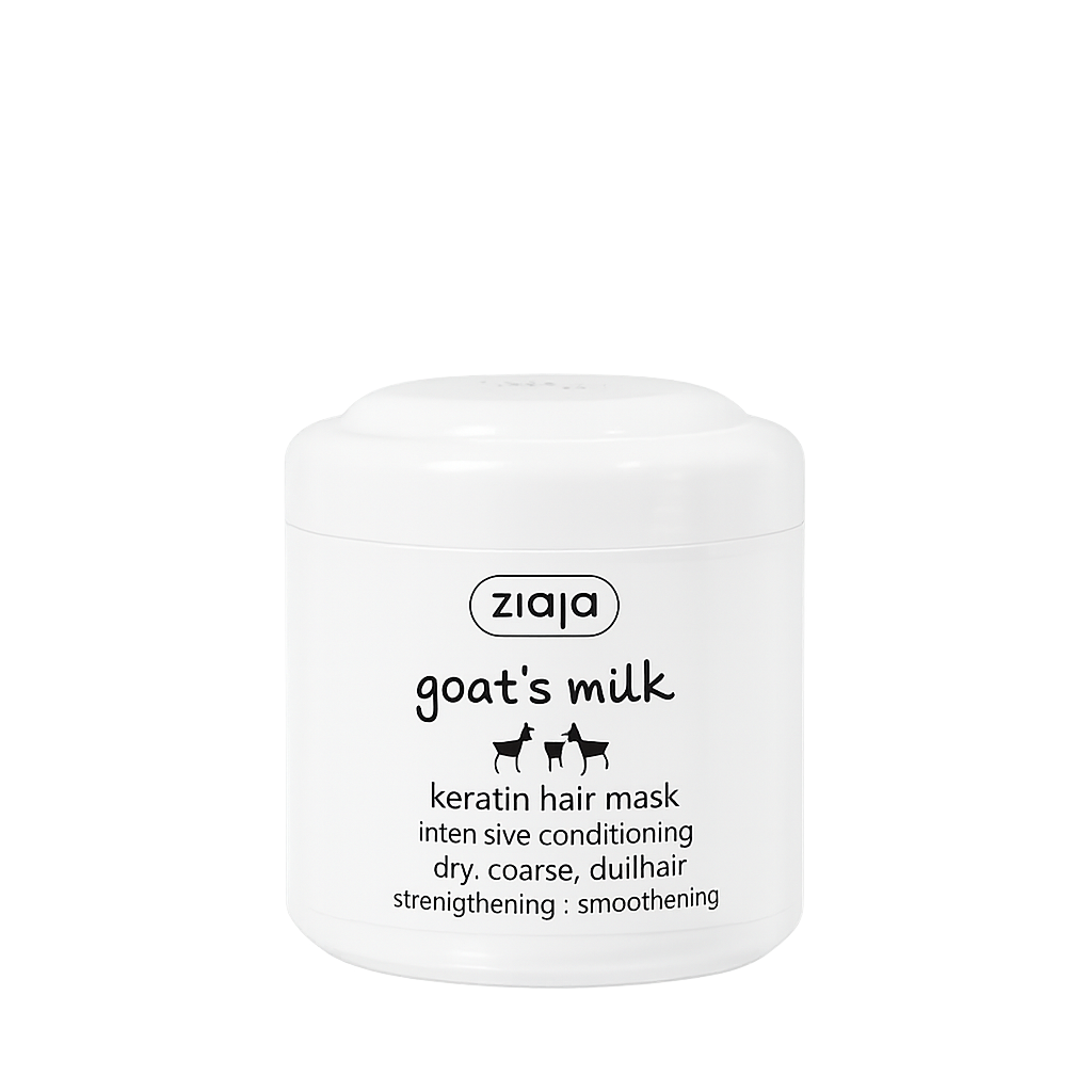 Ziaja goat's milk keratin hair mask jar on a white background