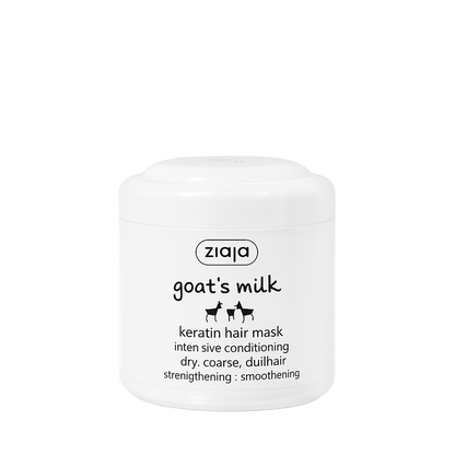 Ziaja goat's milk keratin hair mask jar on a white background
