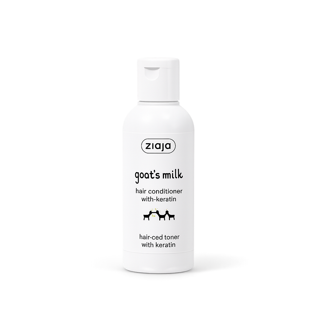 Ziaja goat's milk hair conditioner bottle on a white background