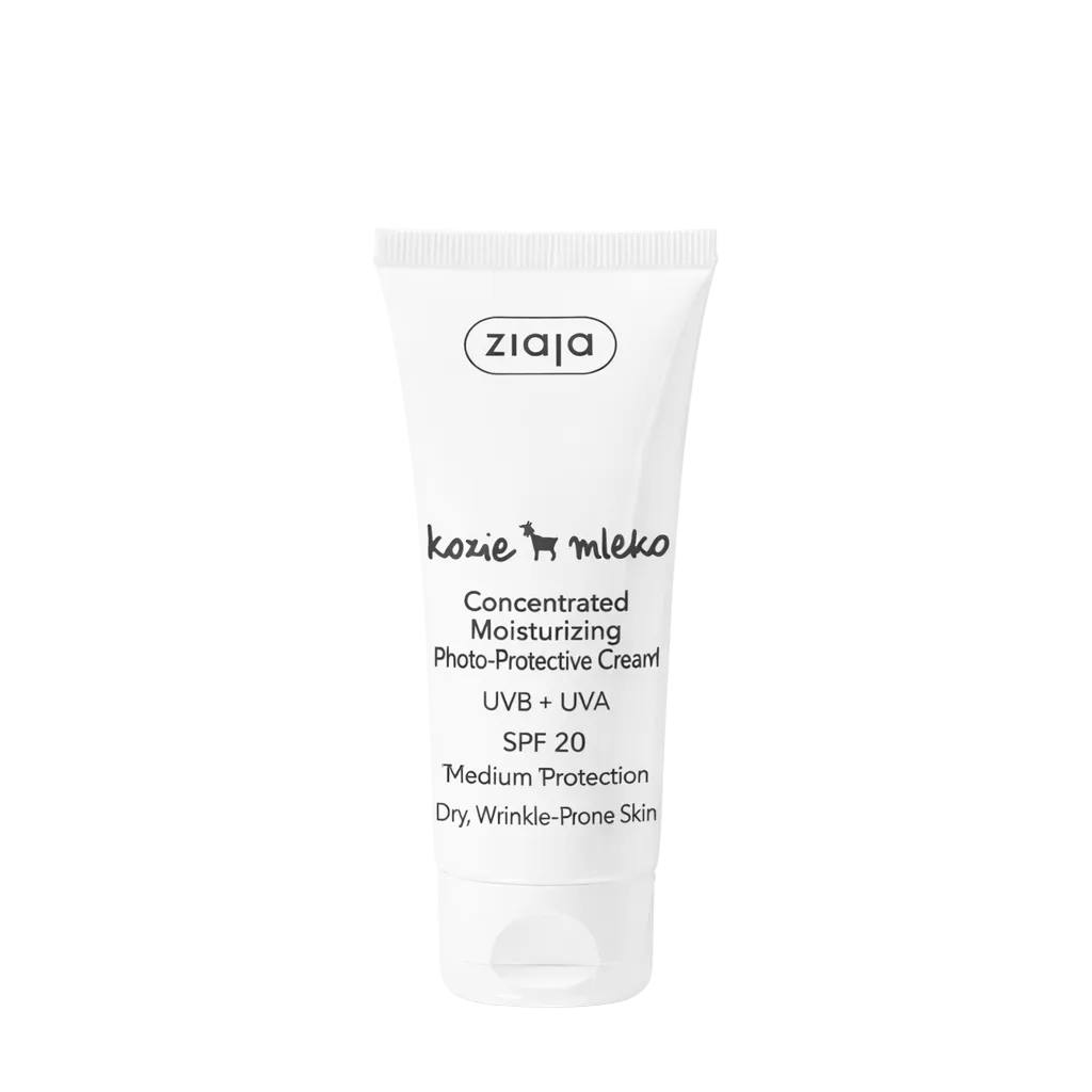 Ziaja concentrated moisturizing photo-protective cream tube on a white background
