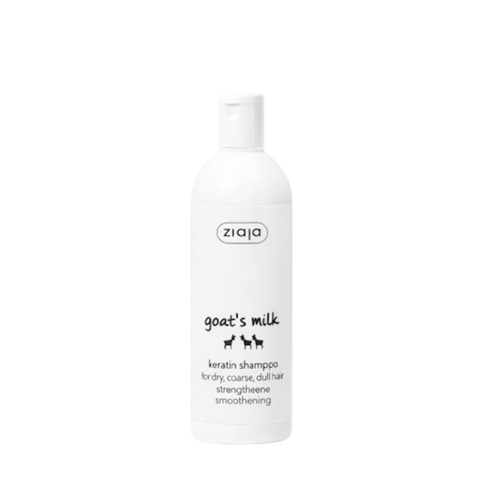 Ziaja goat's milk shampoo bottle on a white background