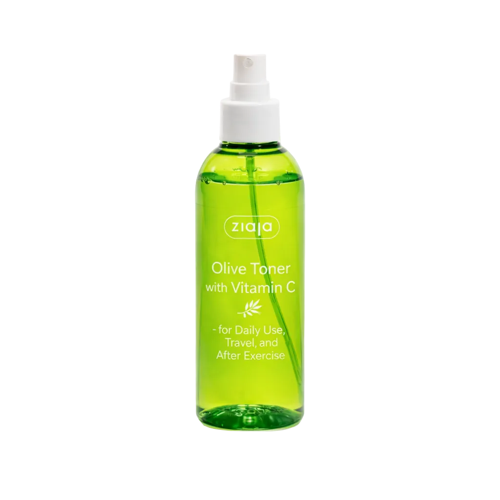 Green bottle of olive toner with vitamin C by Ziaja on a white background