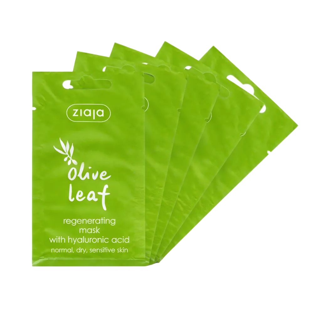 Five green packages of Ziaja Olive Leaf regenerating mask on a white background