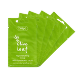Five green packages of Ziaja Olive Leaf regenerating mask on a white background
